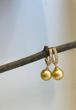 Genuine golden South Sea pearl earrings with a polished, reflective finish.