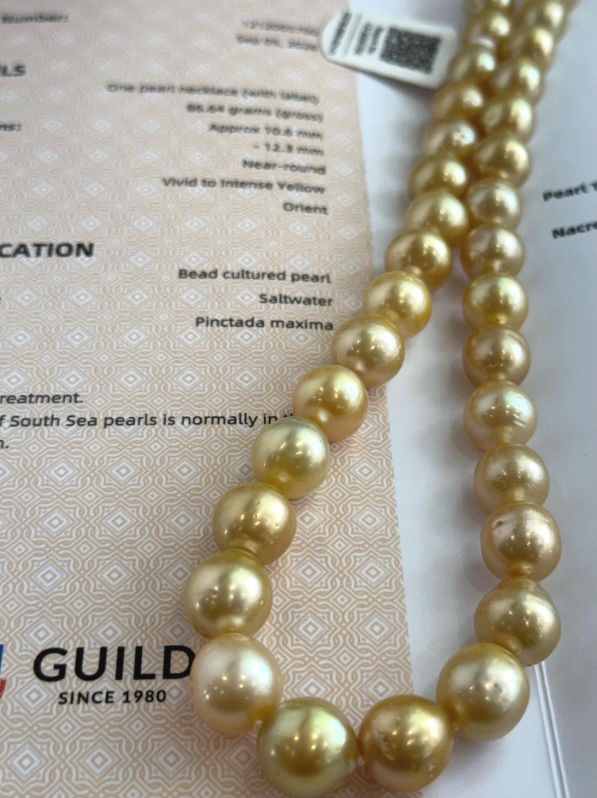 Full view of a golden South Sea pearl strand necklace