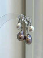Rose purple and white Keshi baroque pearl drop earrings with crystal accents and S925 sterling silver.