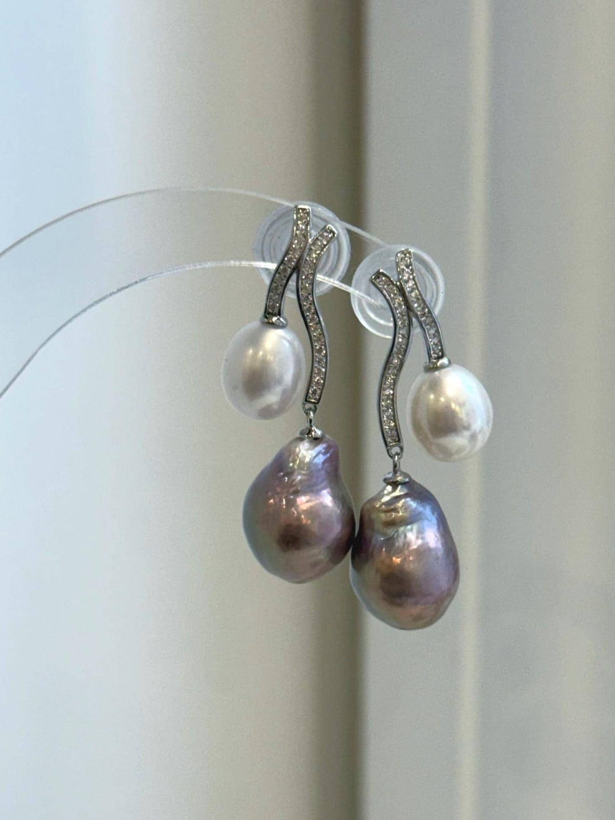 Rose purple and white Keshi baroque pearl drop earrings with crystal accents and S925 sterling silver.
