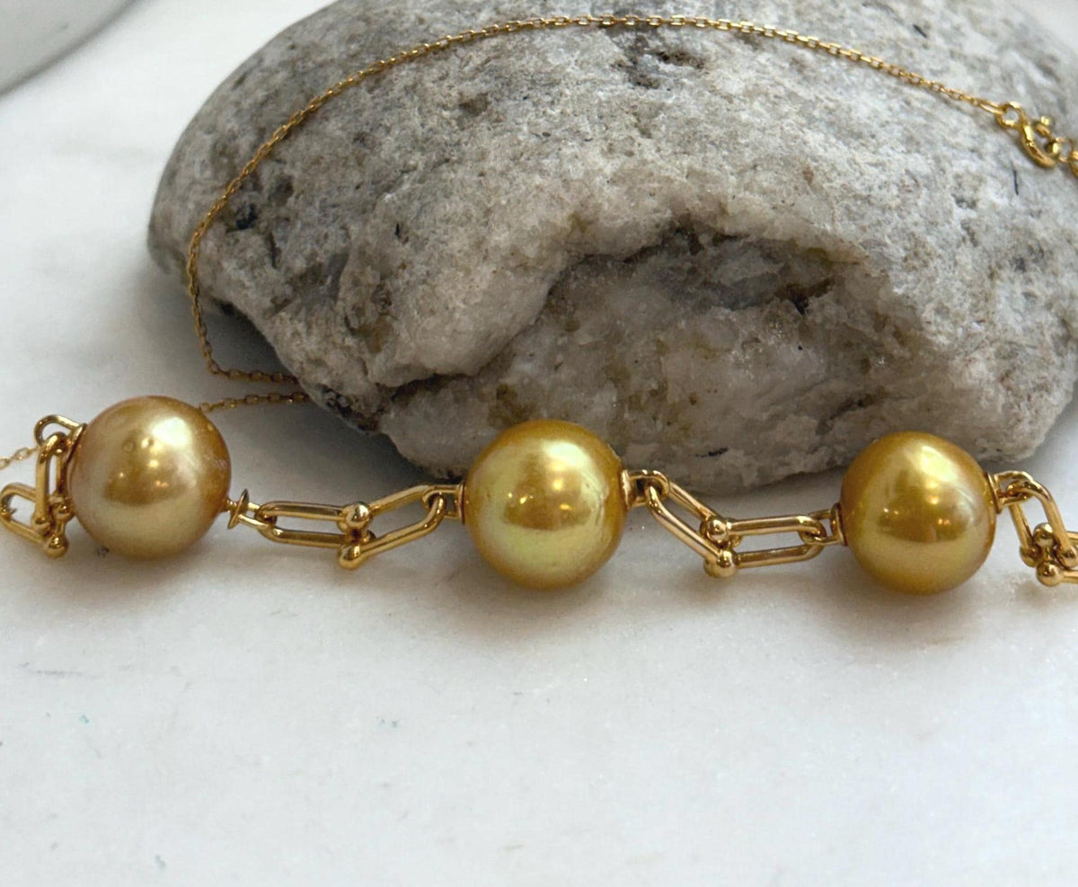Chartier 3pcs 13.2-13.8mm Edison Golden Pearl Satellite Necklace | Genuine Saltwater Pearls | Extreme Mirror Luster | S925 Silver | 18.9”