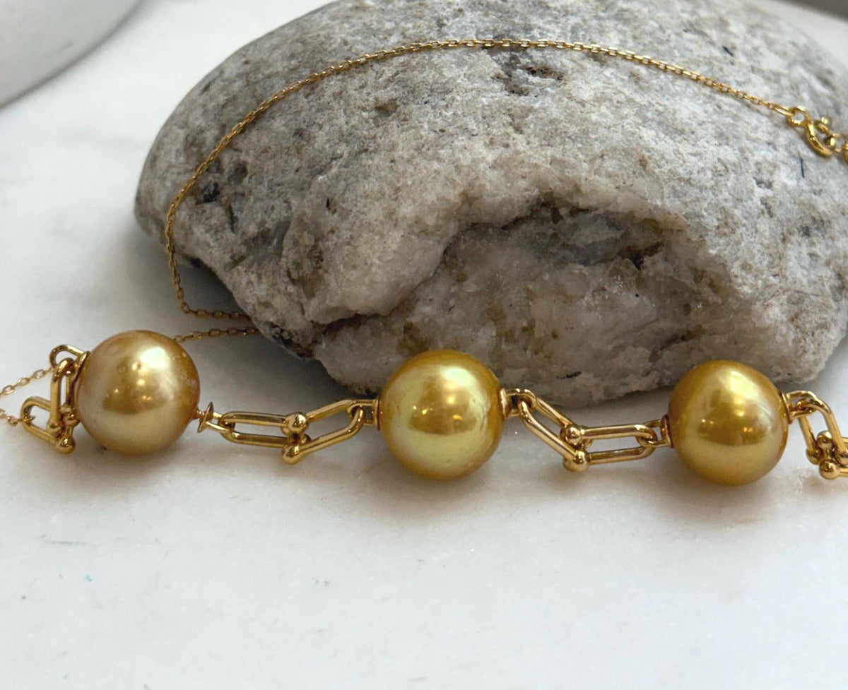 Chartier 3pcs 13.2-13.8mm Edison Golden Pearl Satellite Necklace | Genuine Saltwater Pearls | Extreme Mirror Luster | S925 Silver | 18.9”