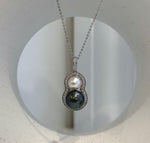 Double pearl gourd pendant with South Sea and Tahitian saltwater pearls in an S925 sterling silver setting.