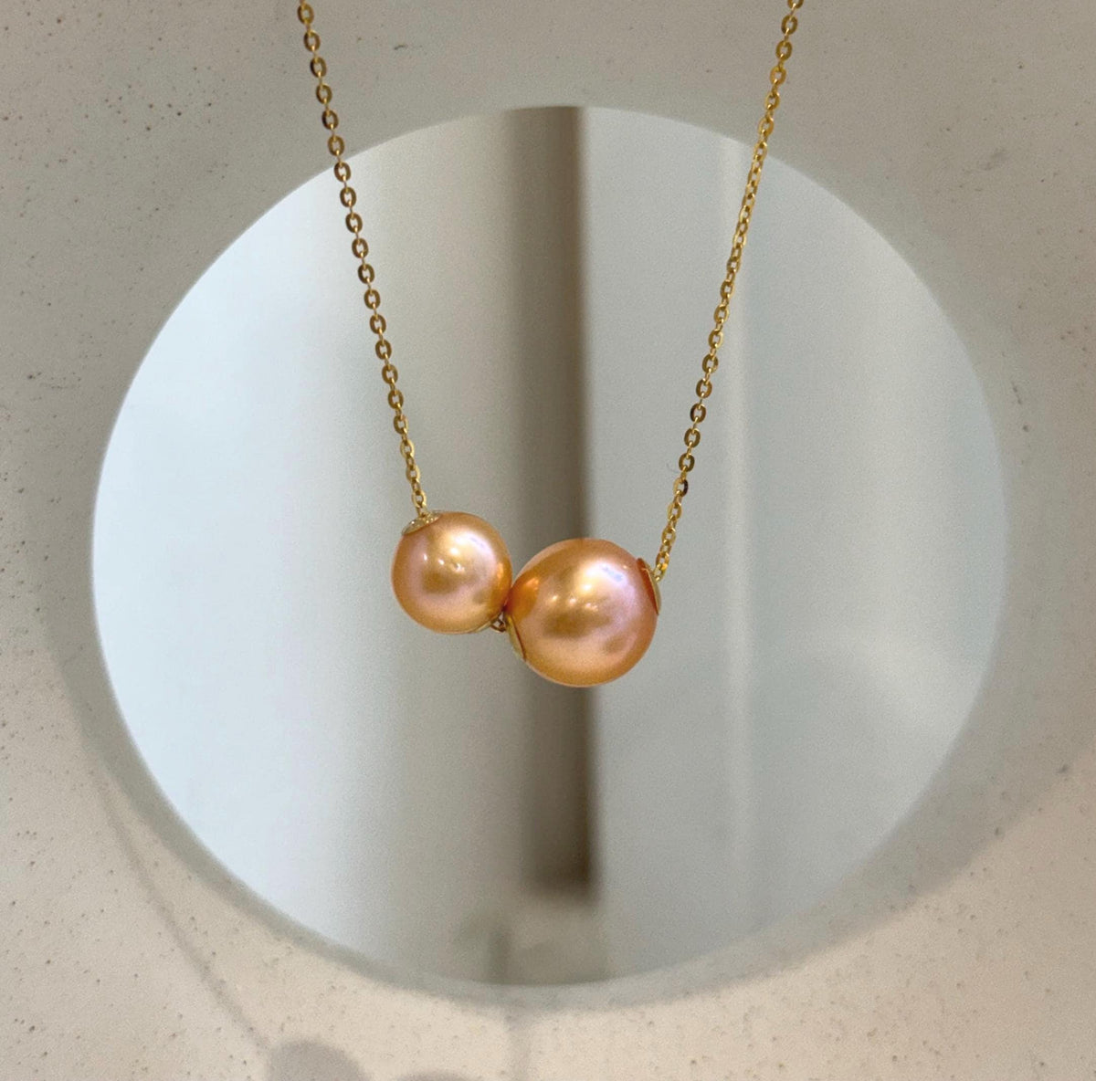 Elly’s Double 18K Edison Sunset Gold Pearl Floating Pendant | 9.1–11mm Genuine Pearls | Mirror Luster | S925 Silver Chain