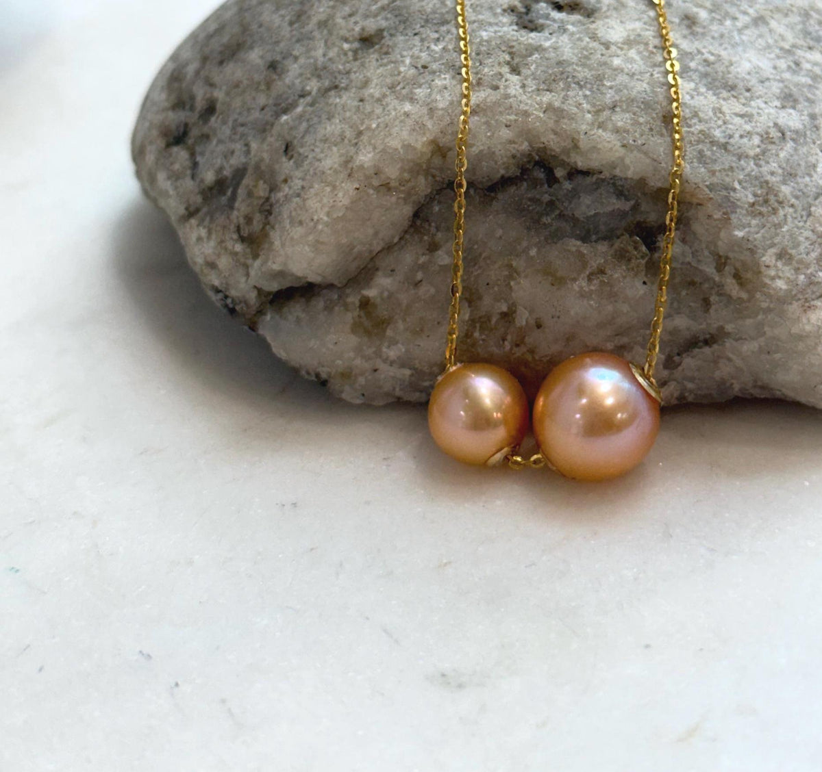 Double Edison sunset gold pearl floating pendant with genuine pearls and elegant 18K gold design