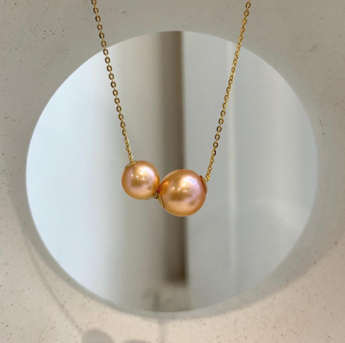 Double golden Edison pearl necklace with 18K gold floating pendant and sterling silver chain
