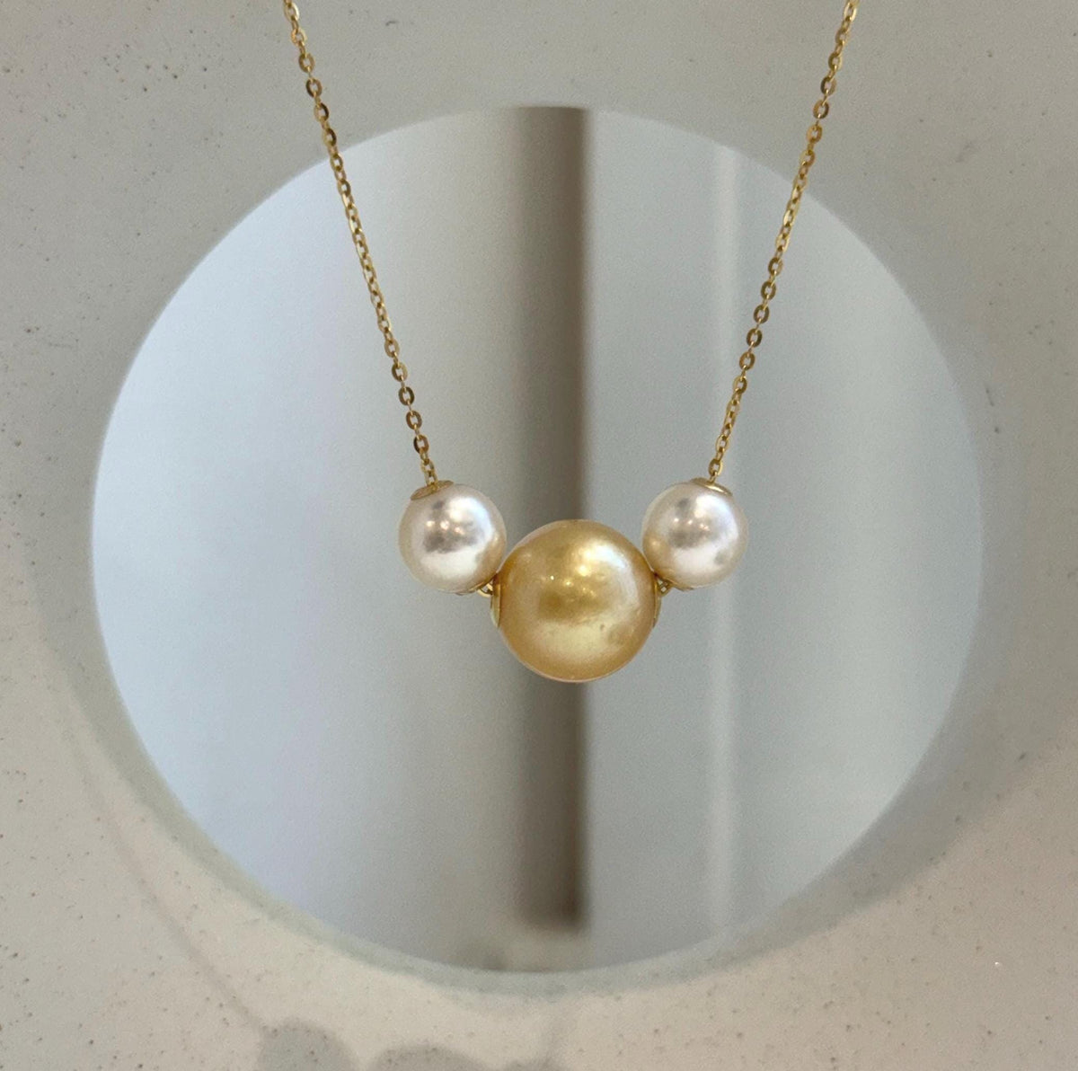 Luxury genuine saltwater pearl pendant with three floating pearls and 18K gold