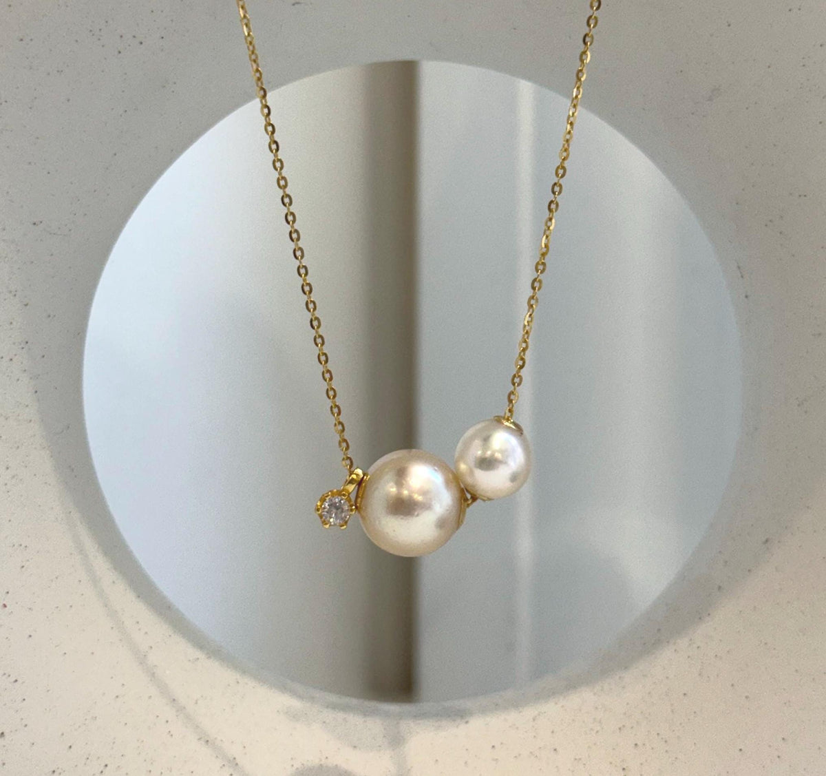 18K gold floating pendant with three genuine South Sea golden and Akoya ocean pearls