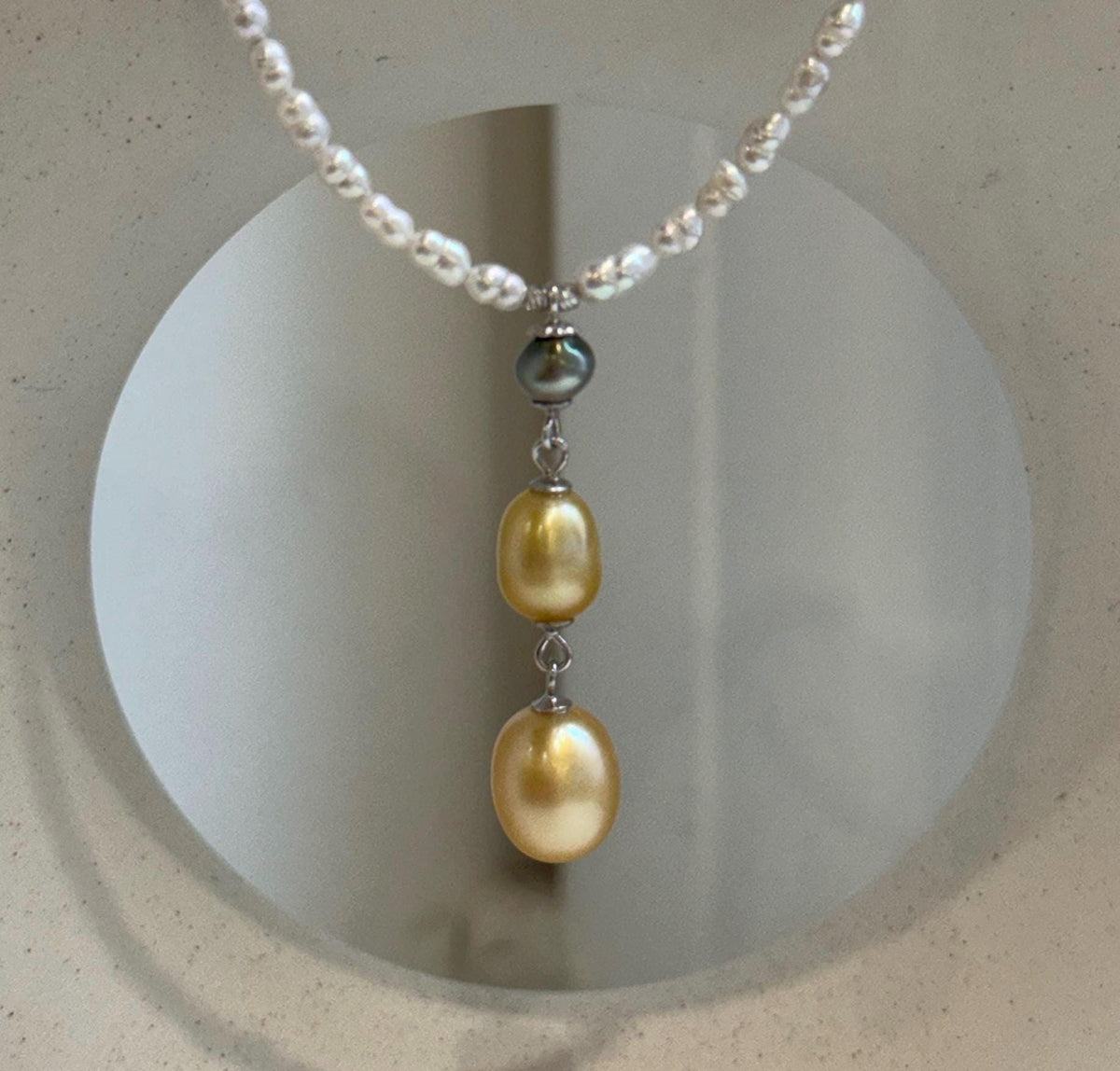 Tahitian Keshi and South Sea golden pearl drop necklace with mini white pearl strand
