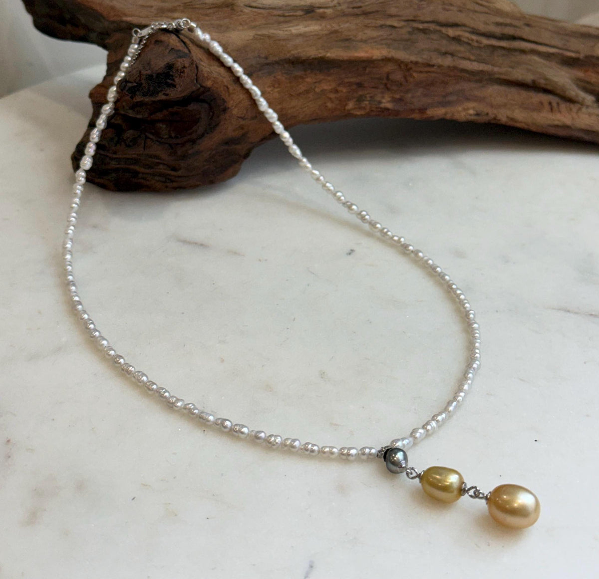 Fine pearl jewelry necklace with genuine Tahitian Keshi and South Sea golden pearls