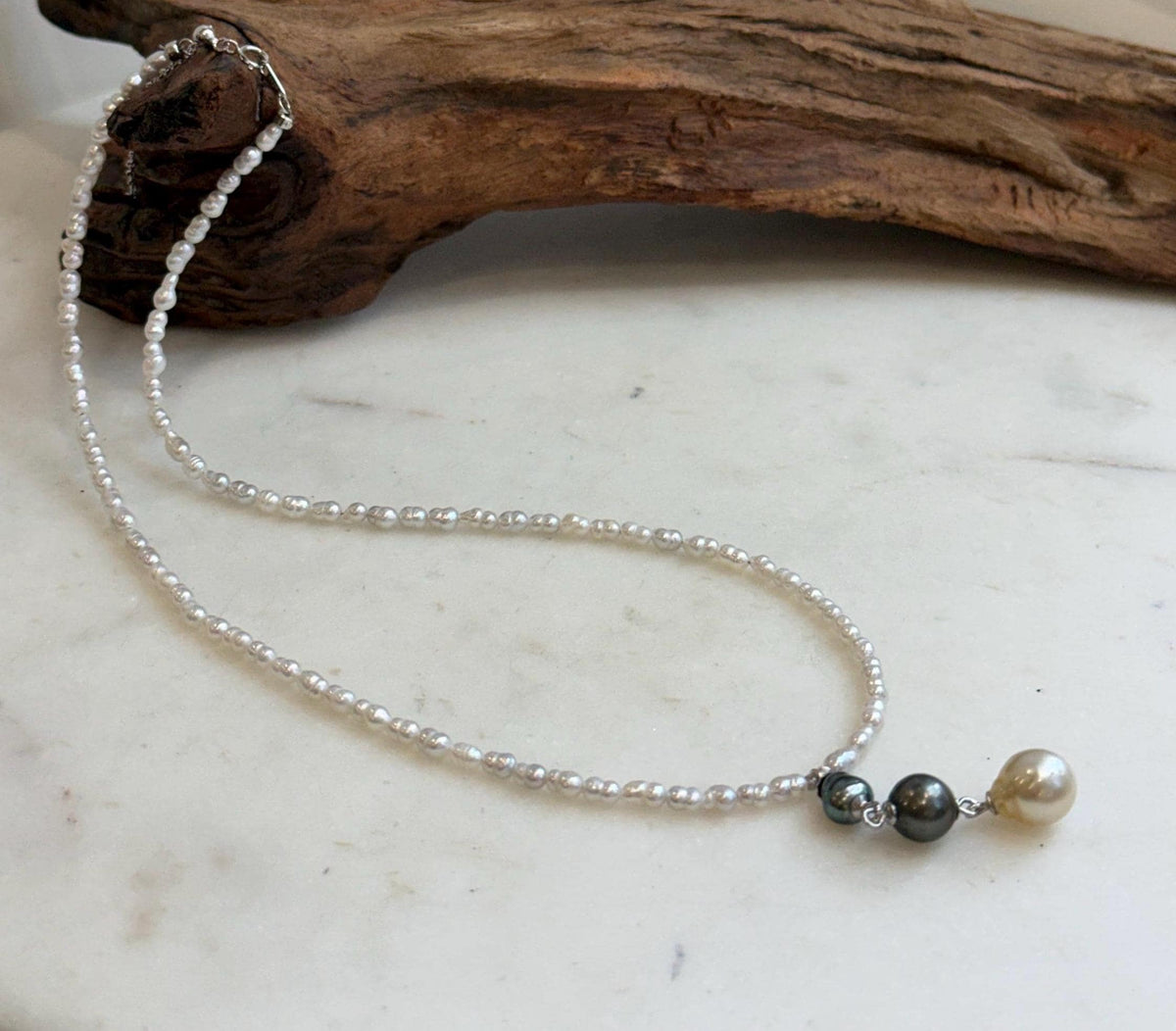 Genuine Tahitian Keshi and golden South Sea pearl necklace handmade with sterling silver