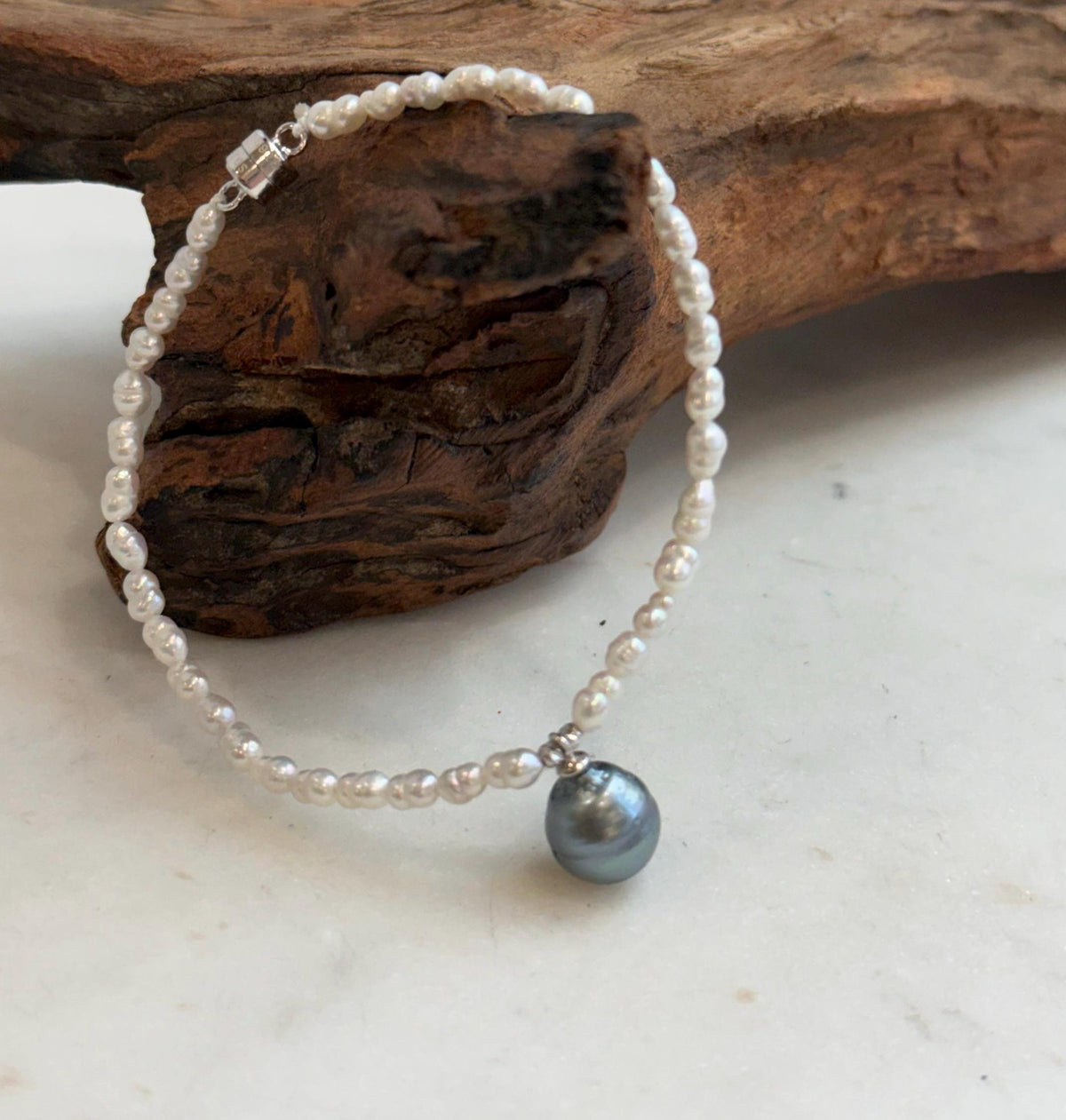 Tahitian pearl drop necklace with delicate mini white Keshi pearl strand