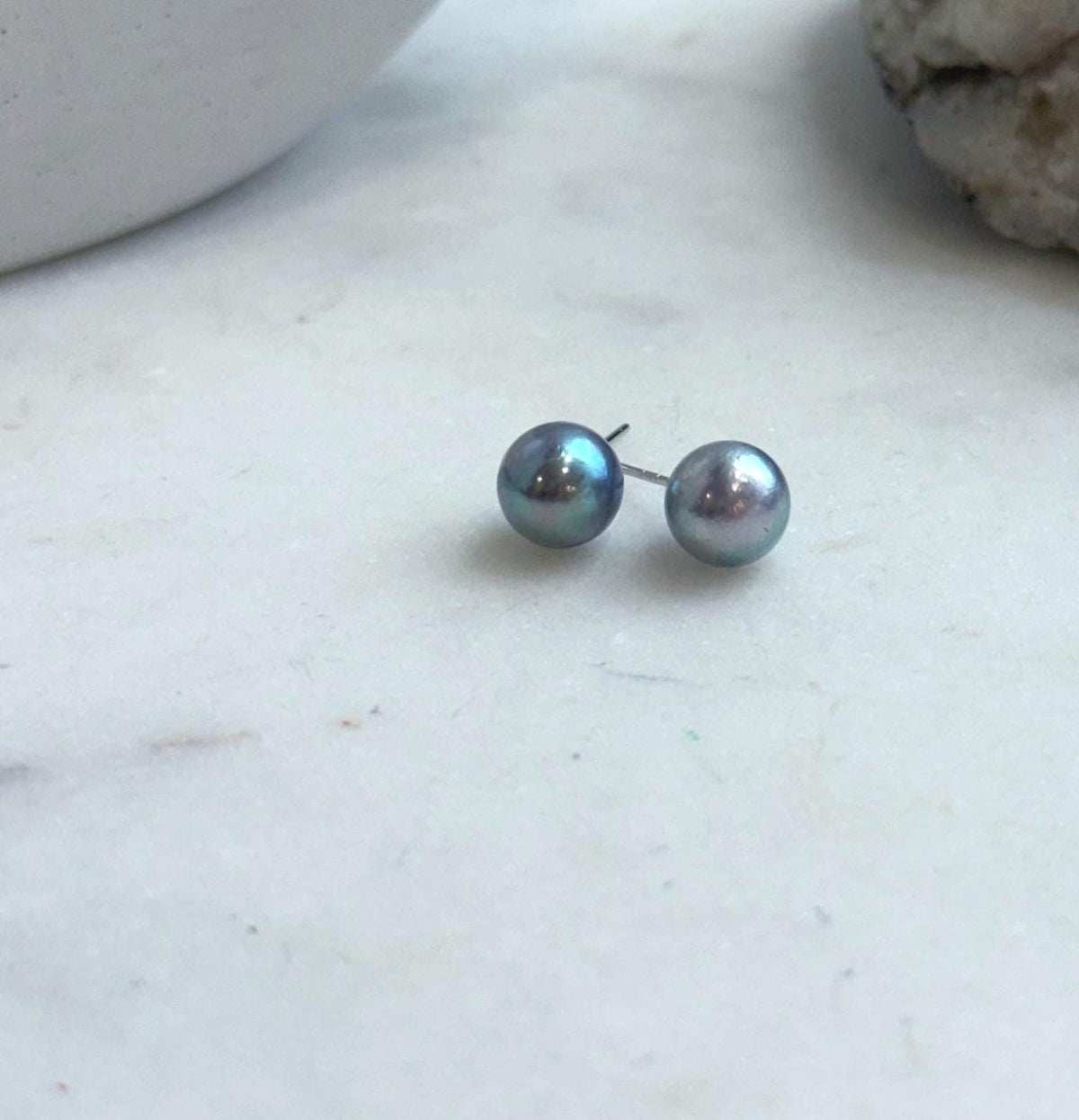 Round silver blue Akoya pearl studs set in S925 sterling silver