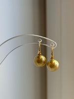 Golden South Sea pearl drop earrings with high heel sterling silver hooks.