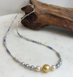 Saltwater pearl necklace with silver spacers between the front pearls.