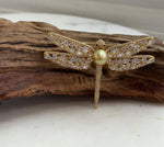 Dragonfly brooch pendant featuring a deep tea golden South Sea pearl with extreme mirror luster.