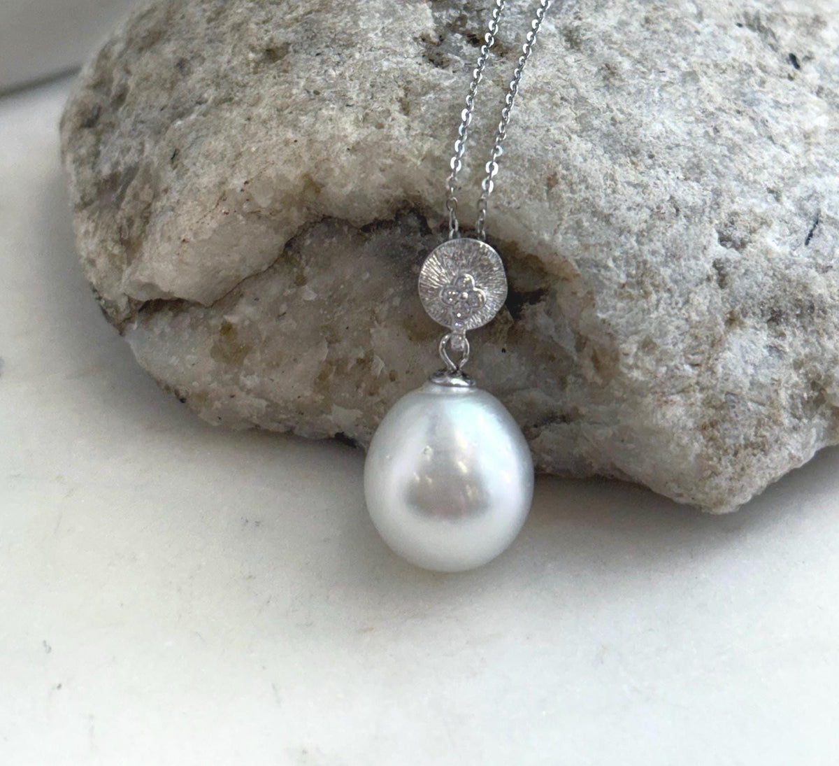 Close-up of the Australian white South Sea pearl’s reflective surface