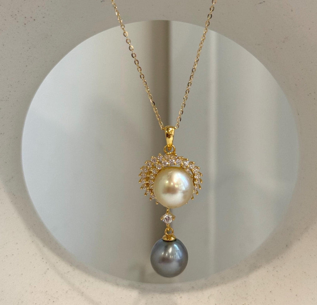 South Sea golden and Tahitian pearl pendant necklace with a sparkling halo and gold-tone S925 silver setting.