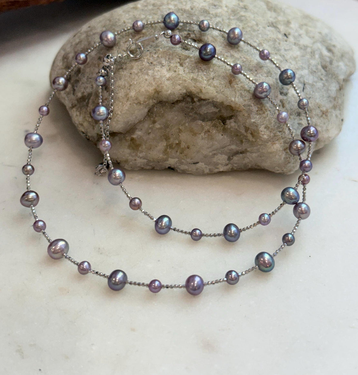 Delicate S925 sterling silver satellite necklace accented with colorful freshwater pearls