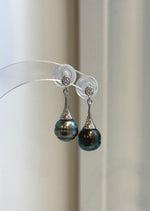Peacock green Tahitian pearl earrings with mirror-like luster and S925 sterling silver settings.