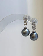 Near-round Tahitian pearls suspended from modern geometric silver earrings.