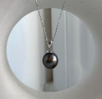 Platinum gray pearl pendant necklace in crystal-accented sterling silver.