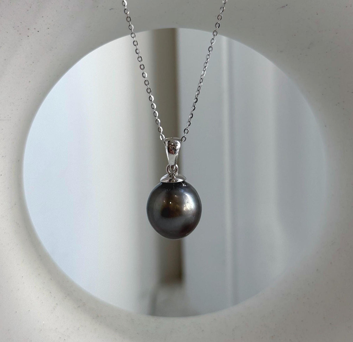 Platinum gray pearl pendant necklace in crystal-accented sterling silver.