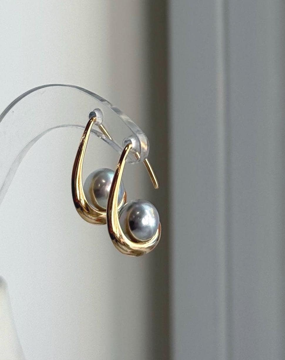 Silver blue Akoya pearl hook earrings with mirror luster and S925 sterling silver settings.