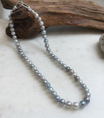 Lustrous blue grey pearls with green and lavender overtones.