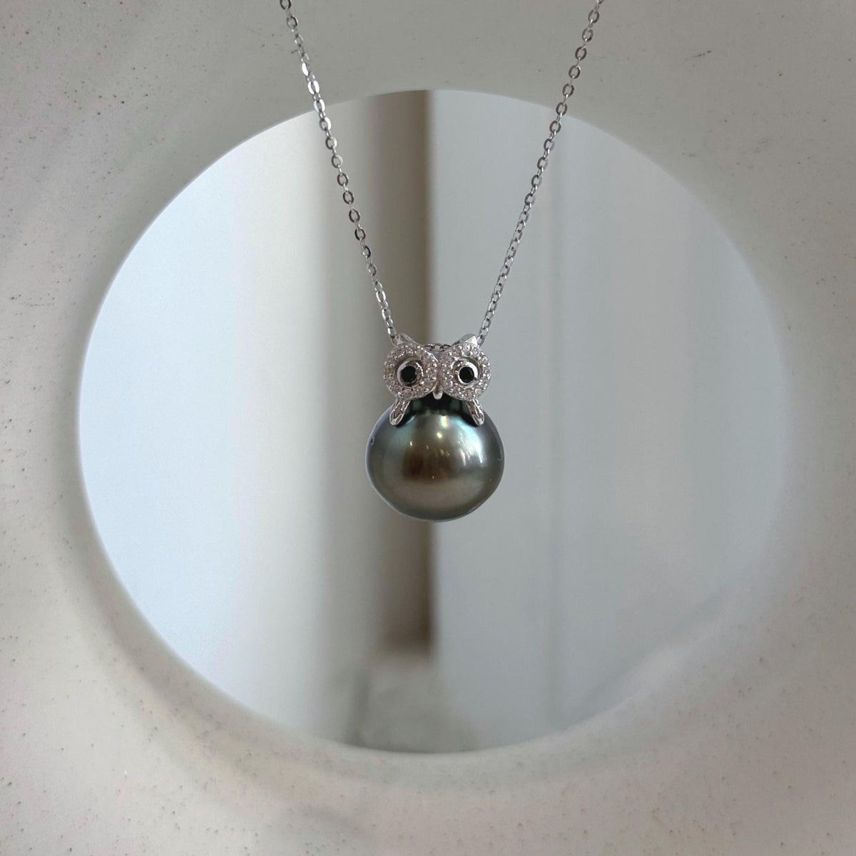 Hunter green pearl owl pendant with crystal accents