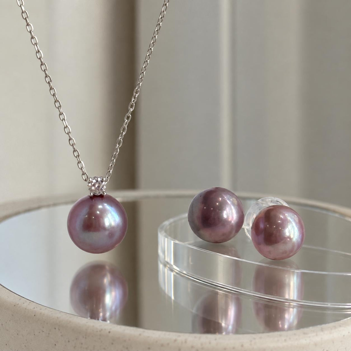 Rose lavender pearl pendant necklace and stud earrings in S925 sterling silver.