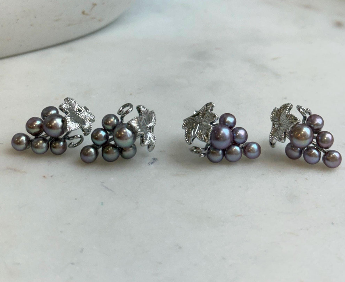 Purple and green freshwater keshi pearl grape earrings in S925 sterling silver.