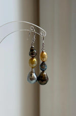 S925 silver drop earrings with golden and dark iridescent ocean pearls.