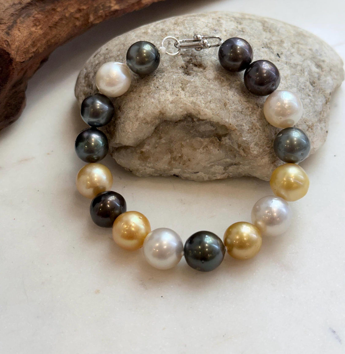 Lustrous ocean pearls in a multicolor bracelet.