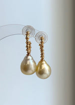 Rich golden ocean pearls suspended from sterling silver earring hooks.