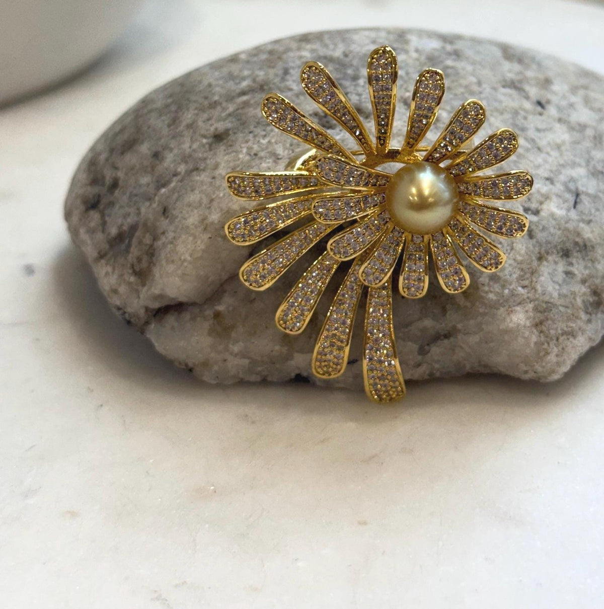 Golden South Sea pearl floral brooch with sparkling accents