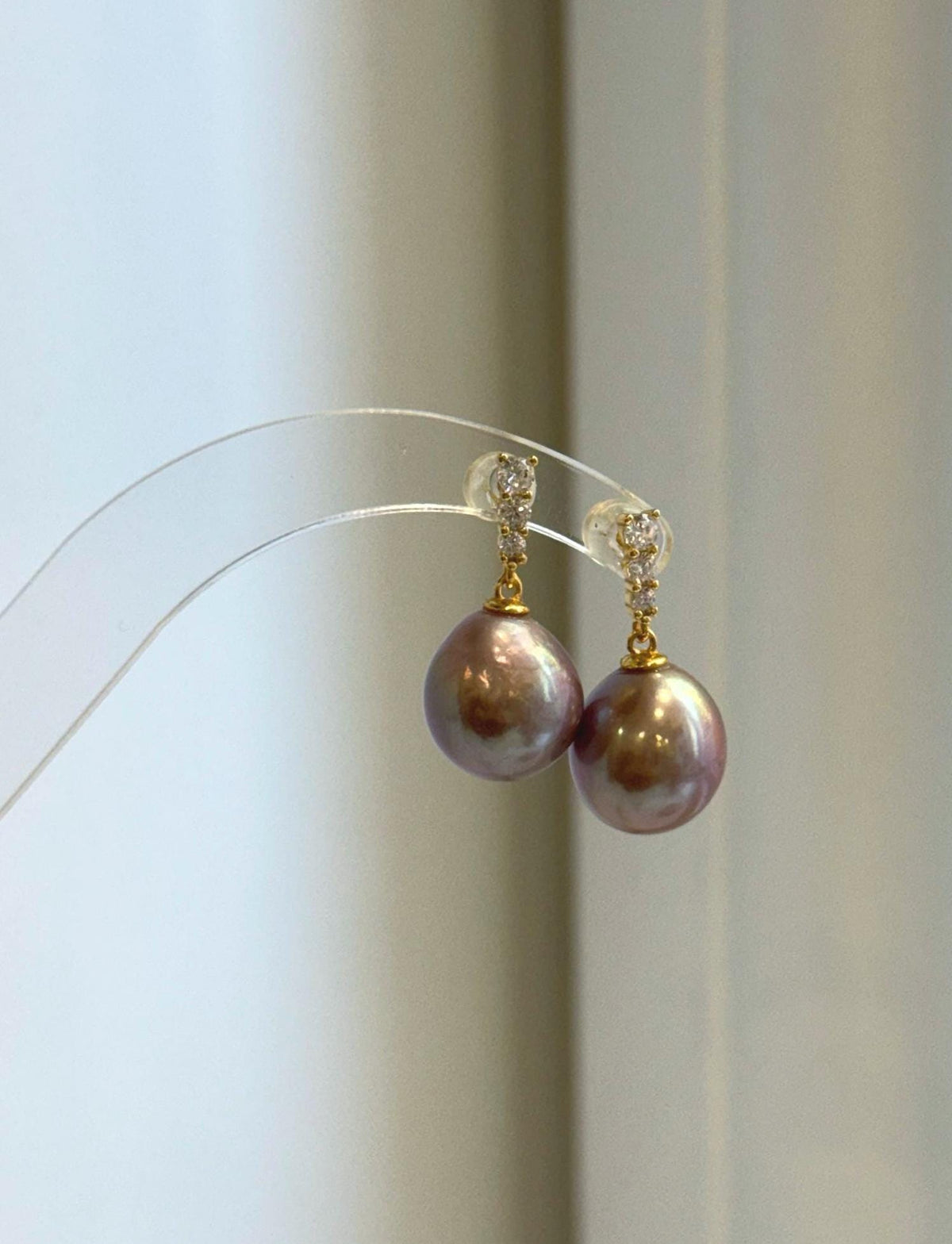 Rose mauve Edison pearl hook earrings with mirror luster and sterling silver hooks