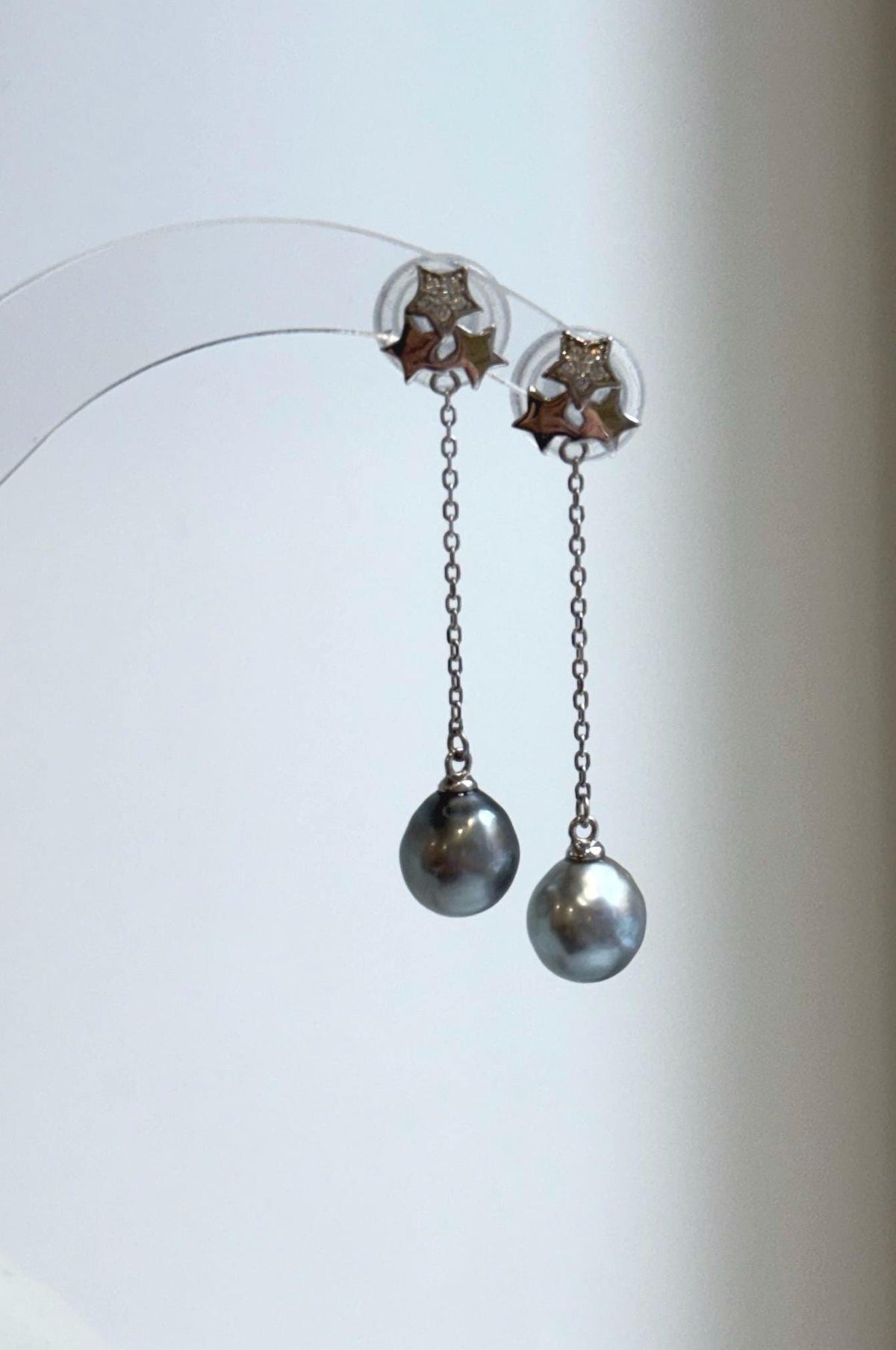 Tahitian pearl drops suspended from delicate silver chains
