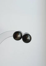 Tahitian pearl stud earrings with a platinum gray color and mirror-like shine.