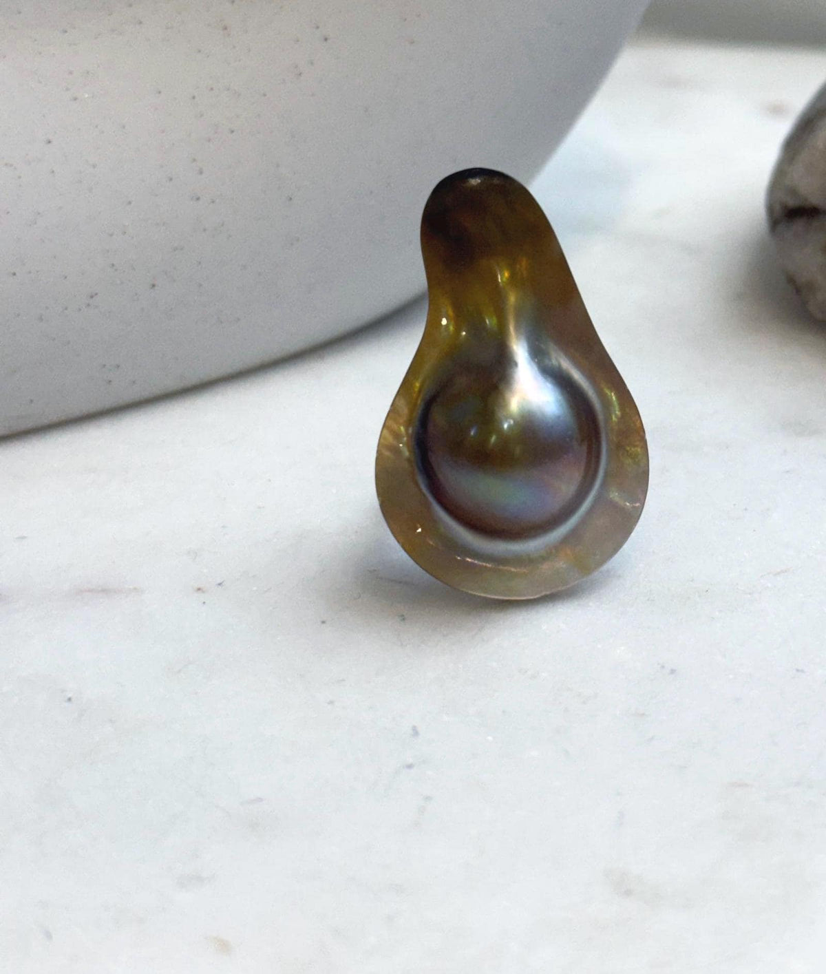 Rainbow iridescent gold mabe pearl statement ring
