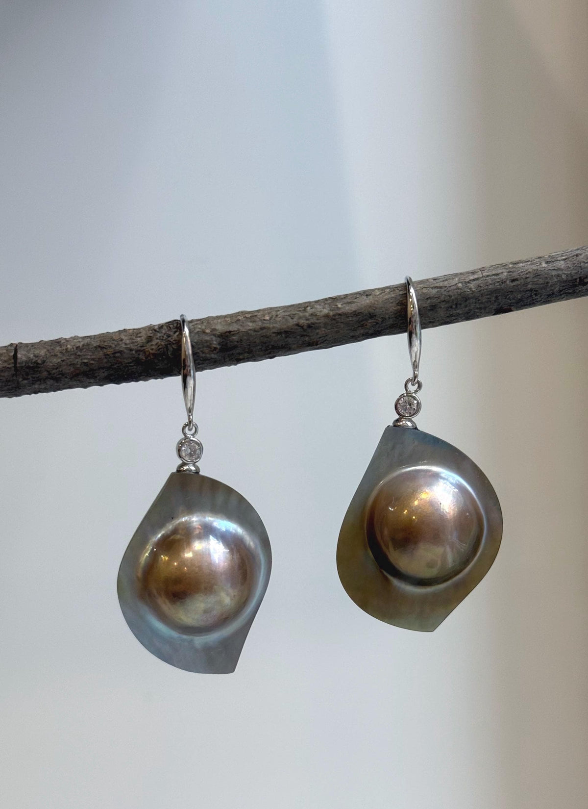 Rainbow iridescent golden mabe pearl drop earrings in S925 sterling silver.