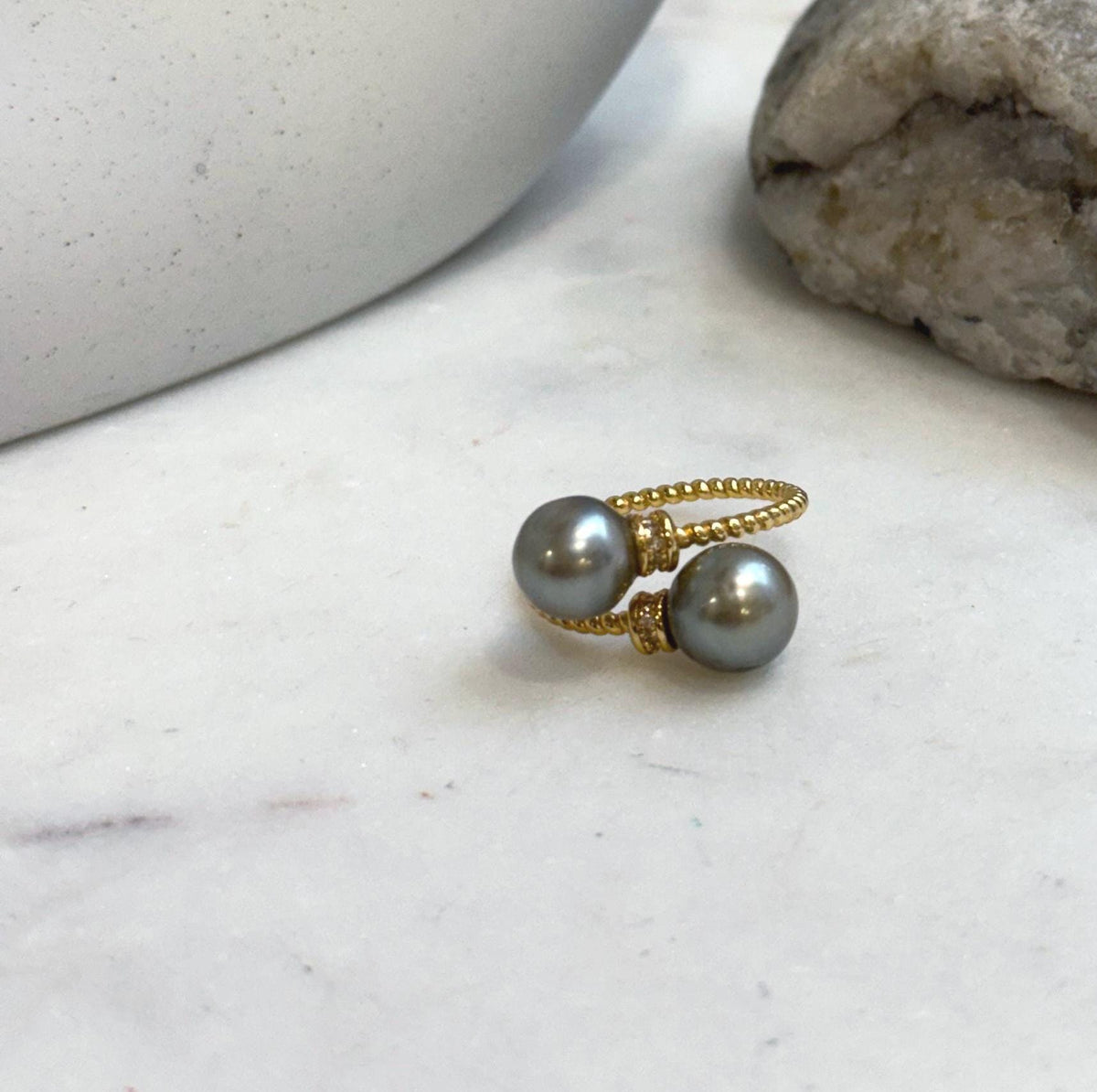 Genuine Tahitian saltwater pearl ring with a double pearl design in sterling silver.