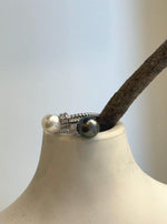 Double pearl ring featuring a Tahitian pearl and a freshwater pearl in an adjustable S925 sterling silver setting.
