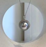 Large silver-blue Tahitian pearl pendant necklace with a sparkling halo and S925 sterling silver setting.