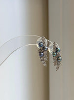 Peacock freshwater pearl leaf earrings in S925 sterling silver with sparkling clear accents.