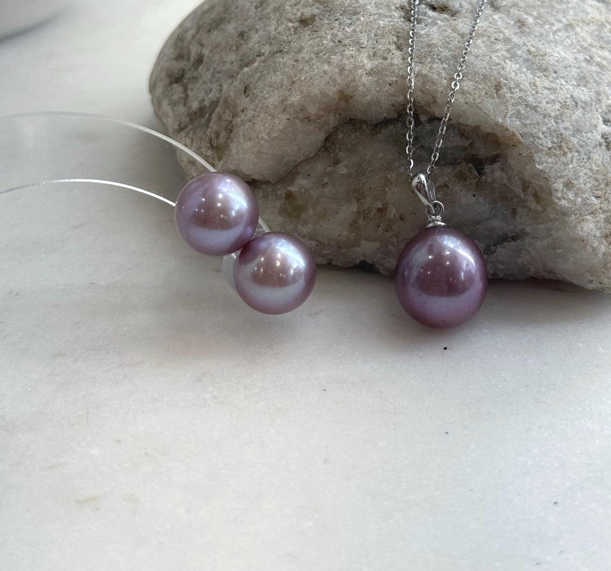 Rose lavender Edison pearl necklace and stud earrings in S925 sterling silver.
