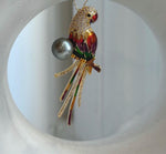 Parrot pendant featuring multicolor enamel and a genuine Tahitian pearl.