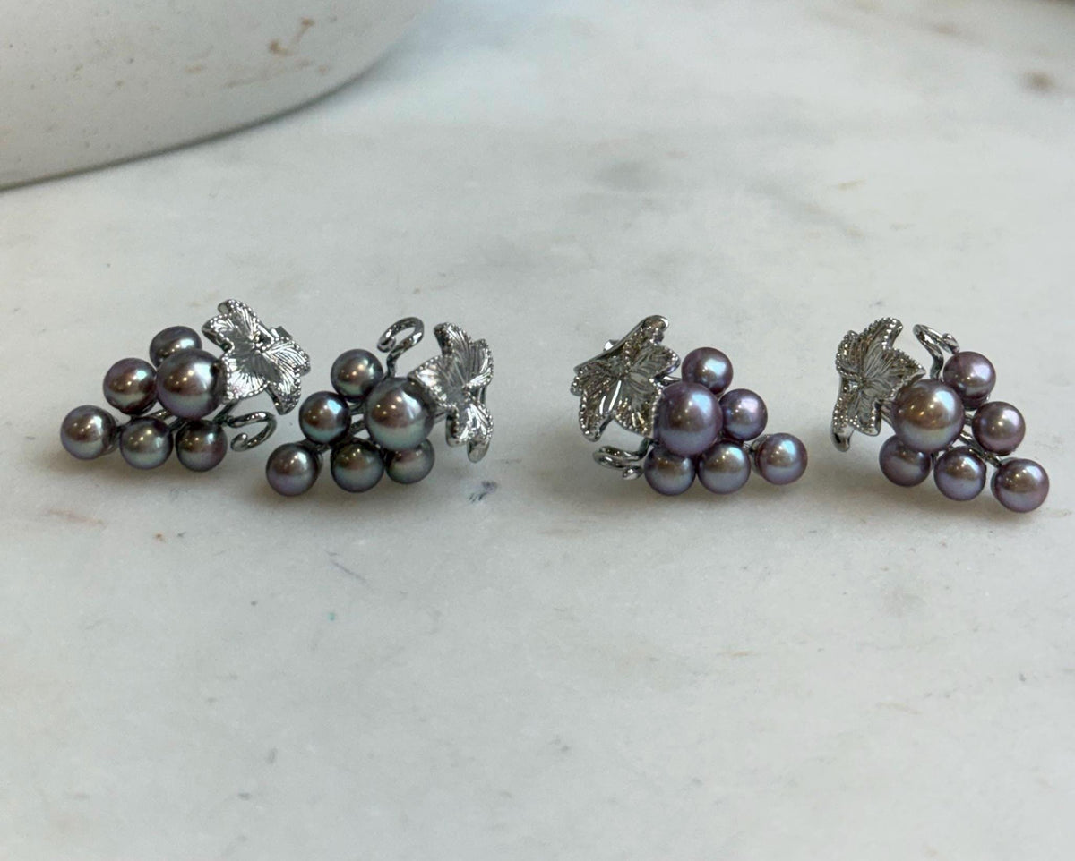 S925 sterling silver grape earrings with shimmering purple and green pearls.
