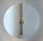 Taupe platinum pearl pendant necklace with a gold-tone S925 sterling silver circle setting.