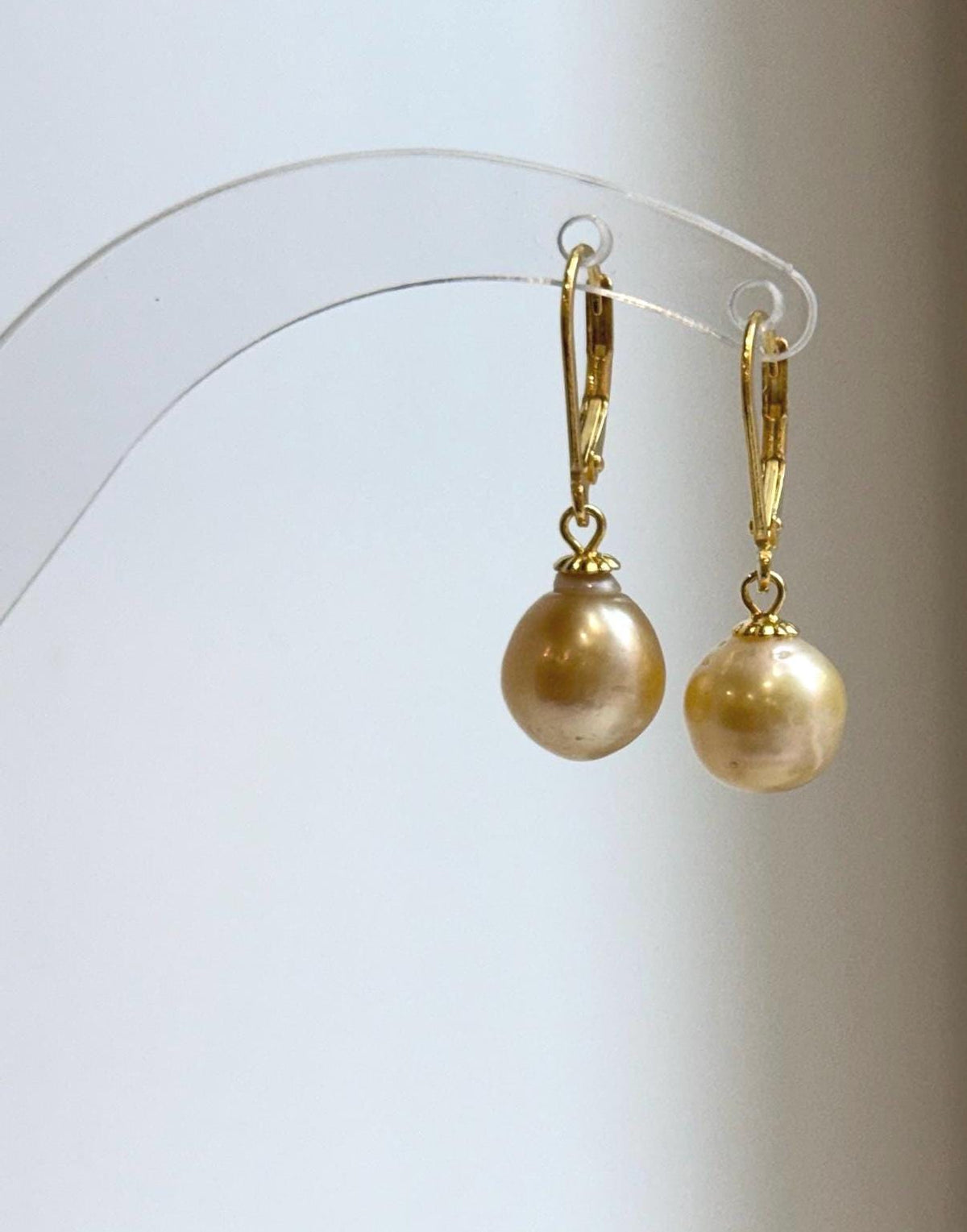 Rounded champagne pearls with bright reflections and slender gold-tone hooks.
